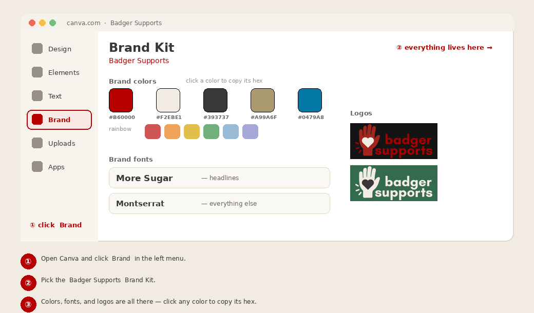 How to open the Badger Supports Brand Kit in Canva
